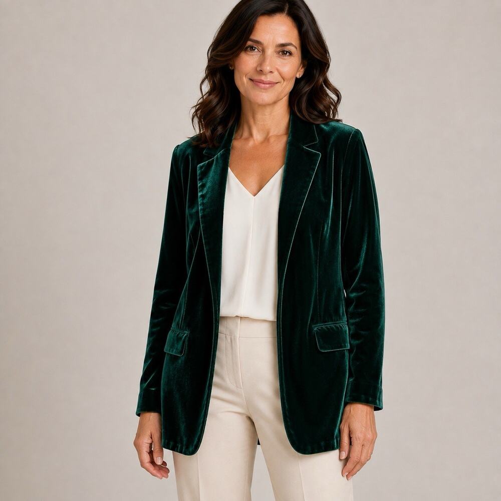 Soft Surroundings Emerald Velvet Open Blazer Medium Velour Jacket Event Holidays